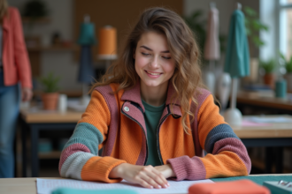 Jeune femme en studio de textile avec tissu vibrant