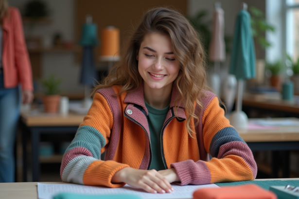 Jeune femme en studio de textile avec tissu vibrant