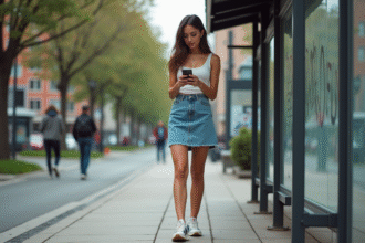 Jeune femme en mini jupe en ville regardant son téléphone