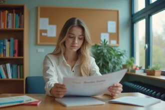 Jeune femme en blouse et pantalon assise à un bureau dans un bureau d'orientation