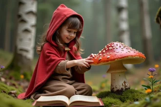 Jeune fille en cape rouge près d’un champignon dans la forêt
