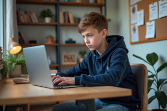 Adolescent concentré sur son ordinateur dans un bureau moderne