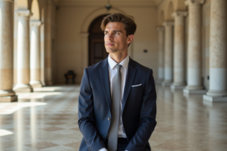 Jeune homme en costume navy élégant dans un hall lumineux