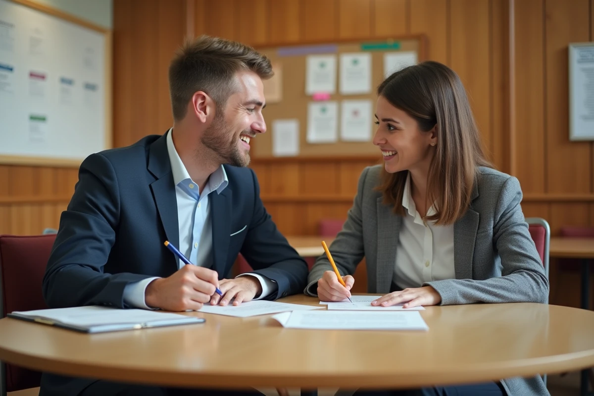 Jeune homme et femme remplissant des formulaires dans un centre communautaire