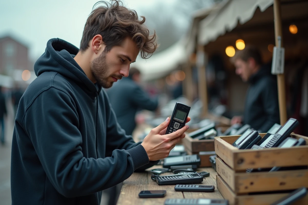 Un jeune homme inspecte un vieux téléphone Ericsson trouvé dans un cageot rempli de téléphones anciens lors d'un marché aux puces