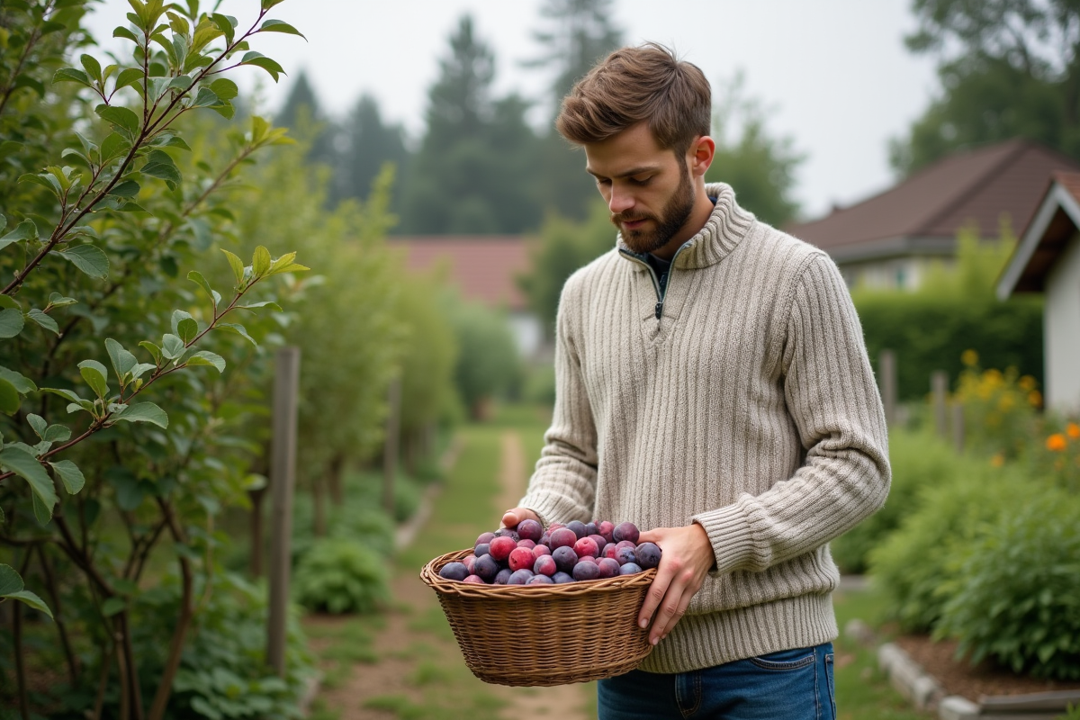 Jeune homme récoltant des prunes dans un jardin communautaire