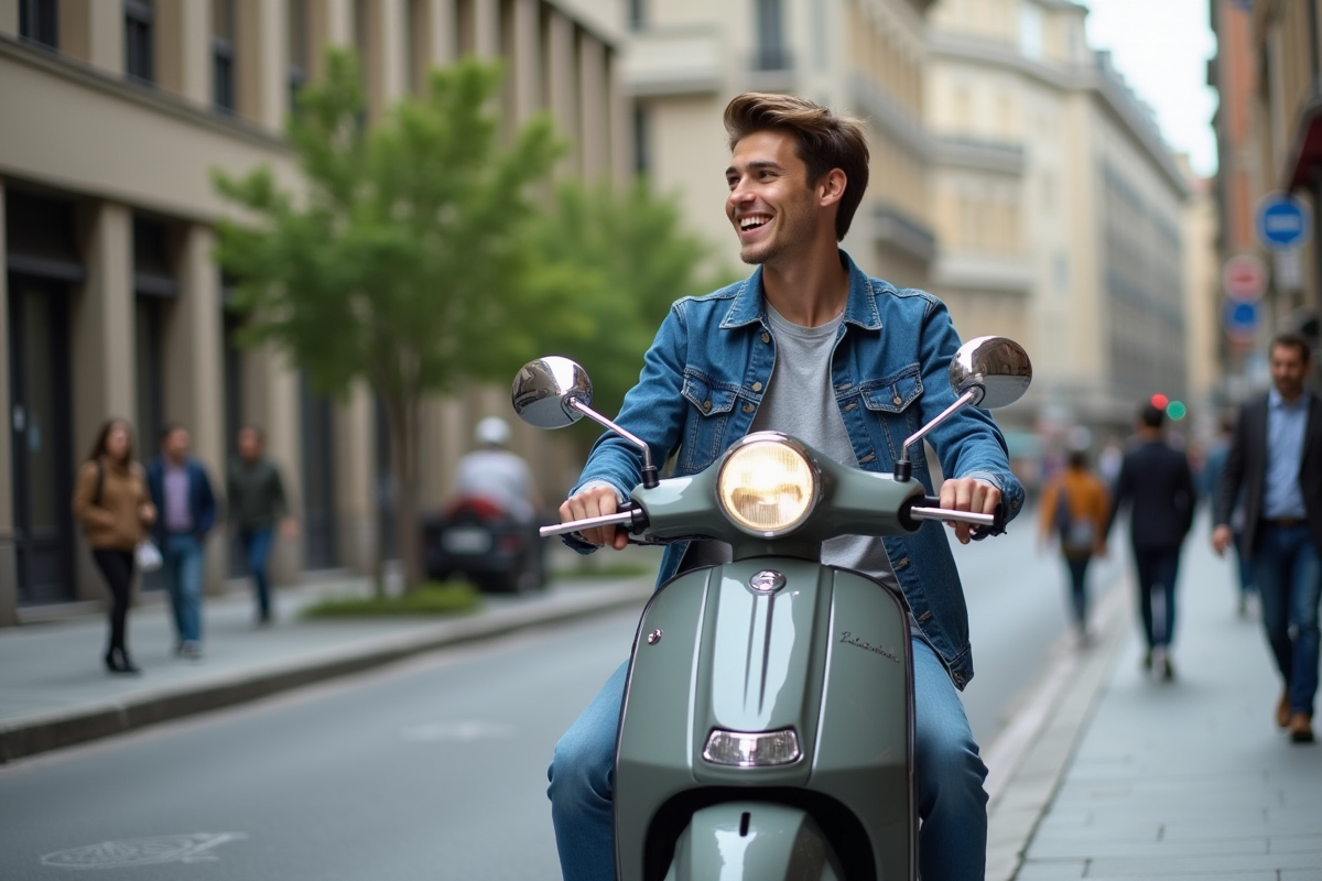 Jeune homme souriant avec scooter en ville
