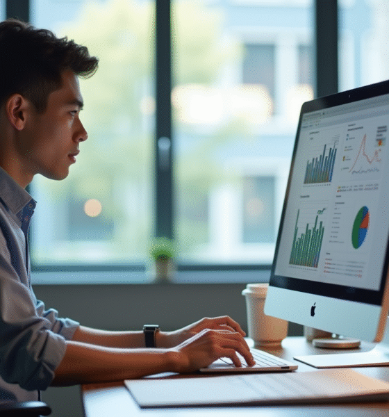 Jeune professionnel analysant des graphiques de données dans un bureau lumineux