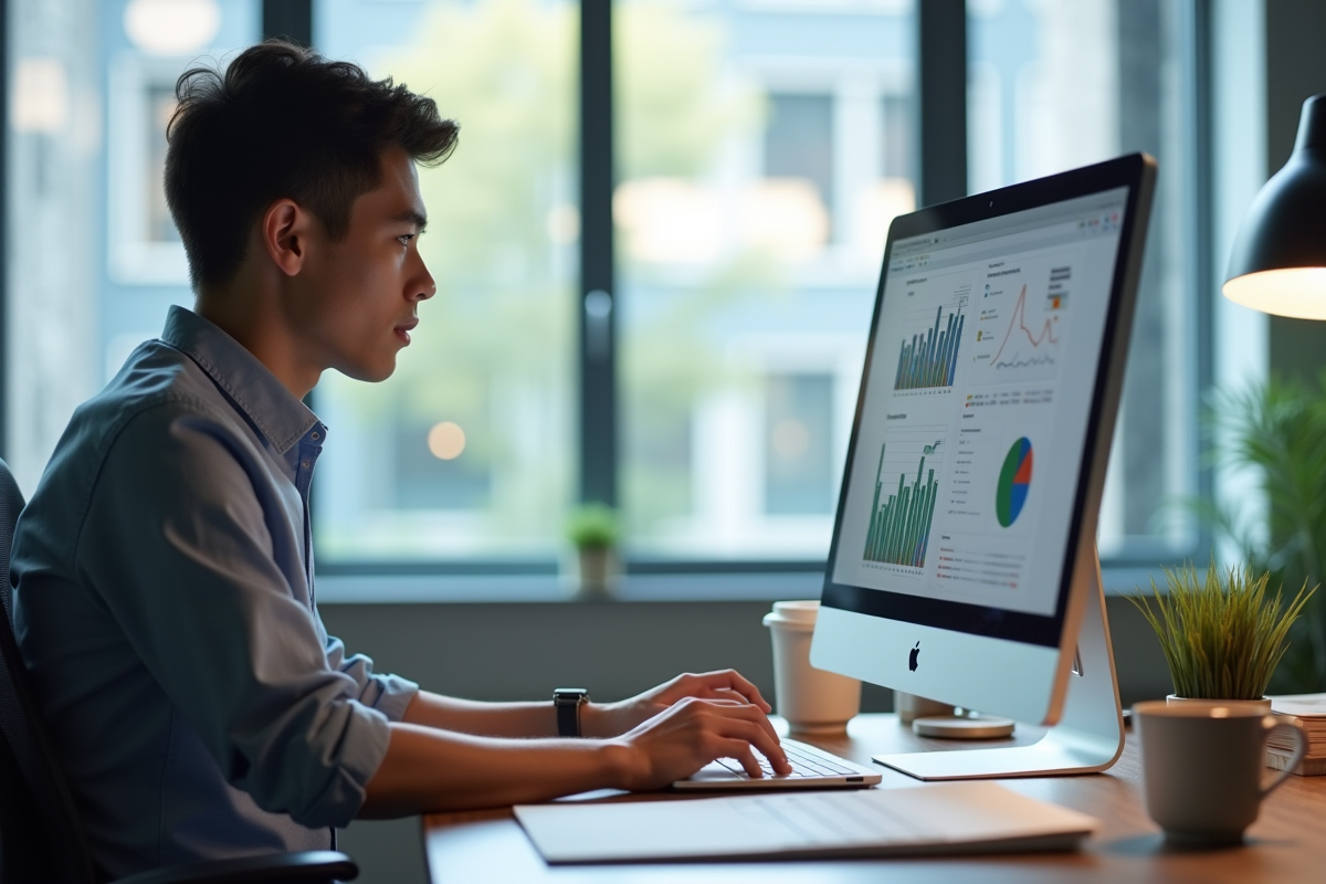 Jeune professionnel analysant des graphiques de données dans un bureau lumineux