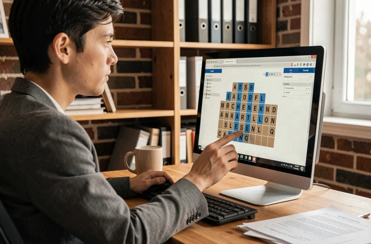 Personne cliquant discrètement sur les lettres d'un jeu de Scrabble en ligne avec une souris sans fil au bureau