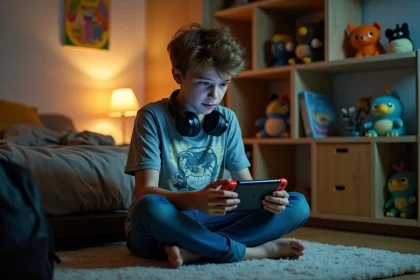 Adolescent jouant à Pokémon Aventure Ensemble sur Nintendo Switch assis dans sa chambre, concentré sur l'écran