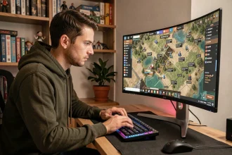Joueur adulte concentré sur un jeu de stratégie en français sur un écran ultrawide dans un bureau à domicile