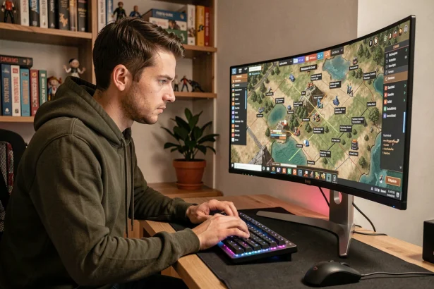 Joueur adulte concentré sur un jeu de stratégie en français sur un écran ultrawide dans un bureau à domicile