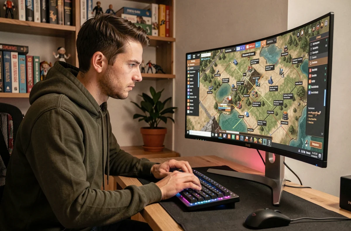 Joueur adulte concentré sur un jeu de stratégie en français sur un écran ultrawide dans un bureau à domicile