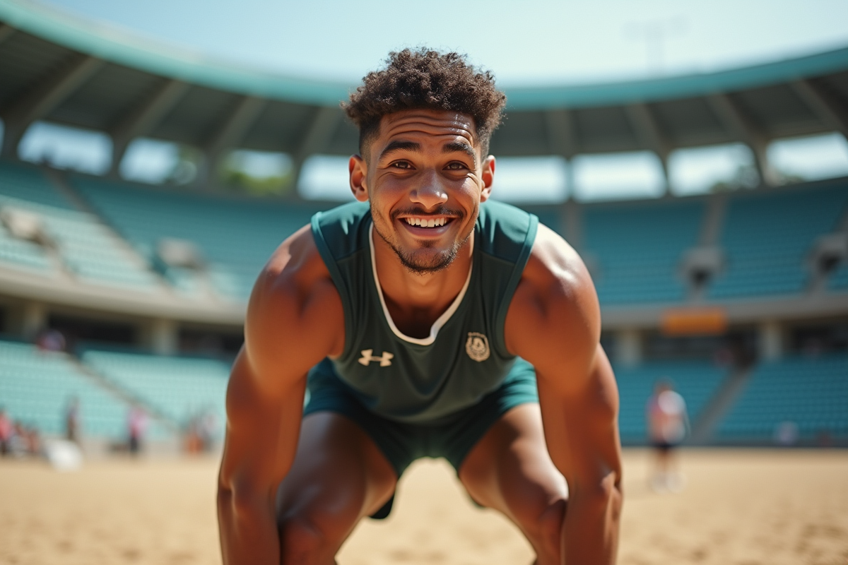 Jeune adulte en volleyball extérieur souriant après un point