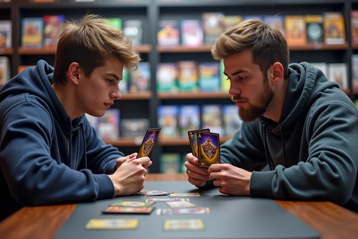 Deux joueurs en compétition avec des cartes Couronne Stellaire lors d'une session de jeu en boutique spécialisée