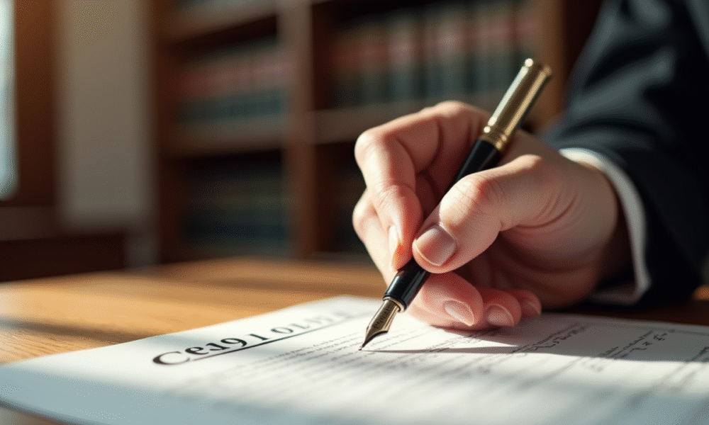 Main de juge signant un document civil avec une plume