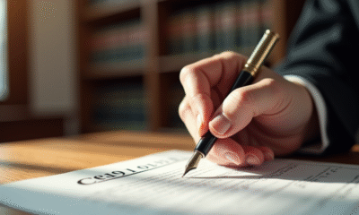 Main de juge signant un document civil avec une plume