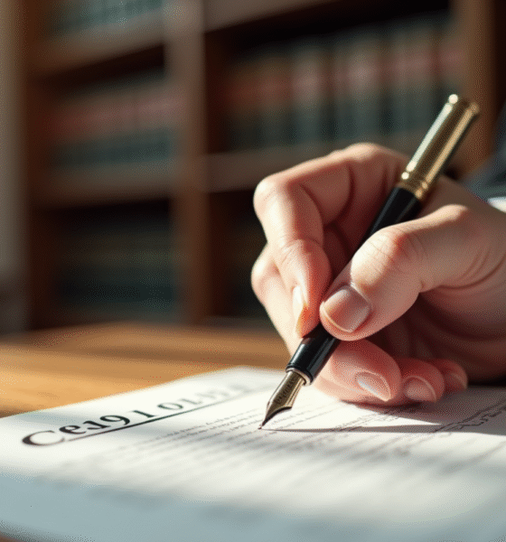Main de juge signant un document civil avec une plume