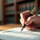 Main de juge signant un document civil avec une plume