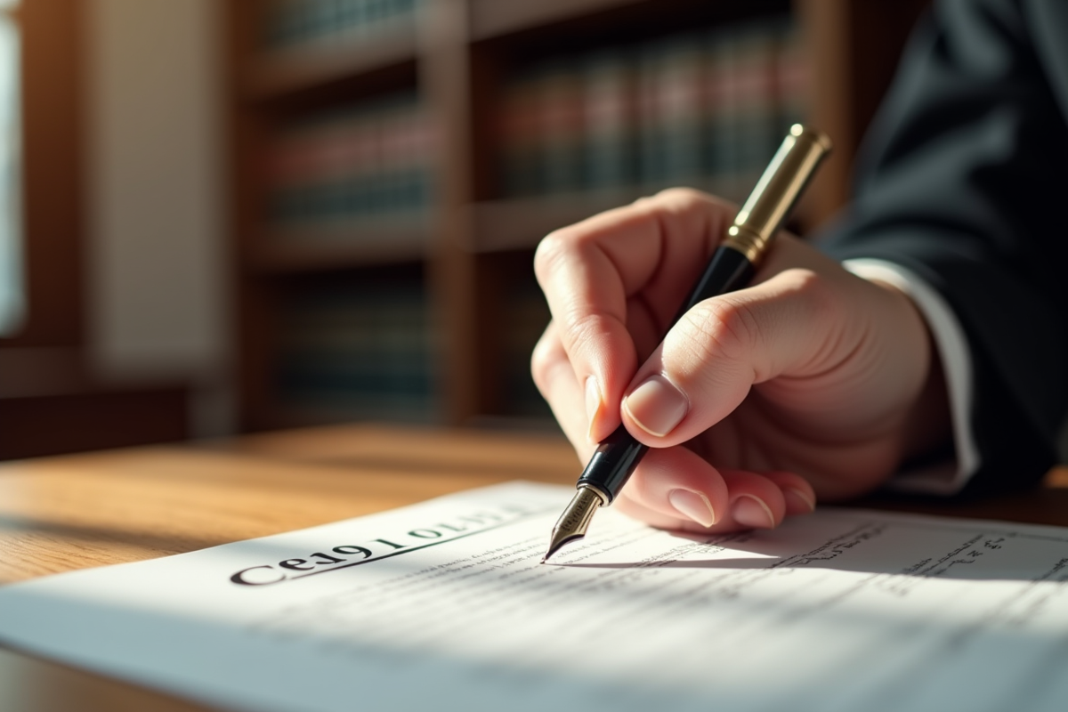 Main de juge signant un document civil avec une plume