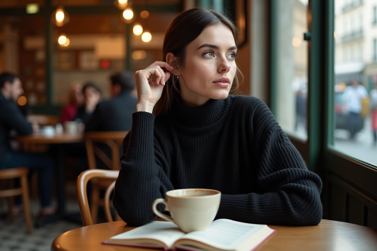 Femme actrice française lisant un script dans un café parisien, portrait intimiste illustrant la biographie de Juliette Plumecocq-Mech