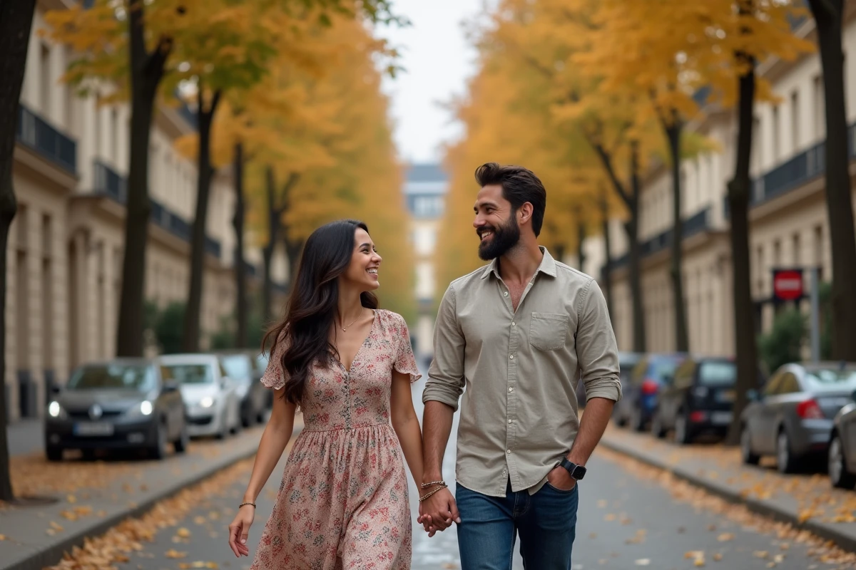 Couple se promenant dans une rue parisienne en automne, évoquant la vie de famille et le mari de Juliette Plumecocq-Mech
