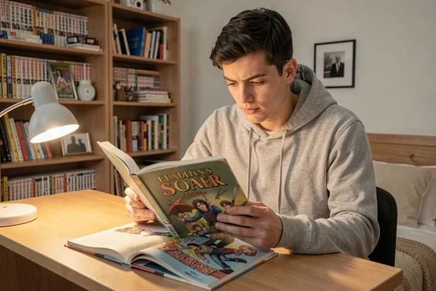 Jeune homme adulte lisant un manhwa coréen assis à son bureau dans une chambre cosy entourée d'étagères remplies de mangas