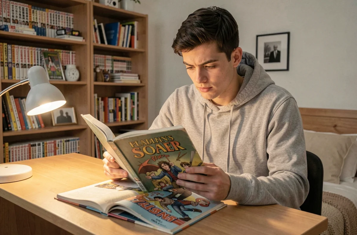 Jeune homme adulte lisant un manhwa coréen assis à son bureau dans une chambre cosy entourée d'étagères remplies de mangas