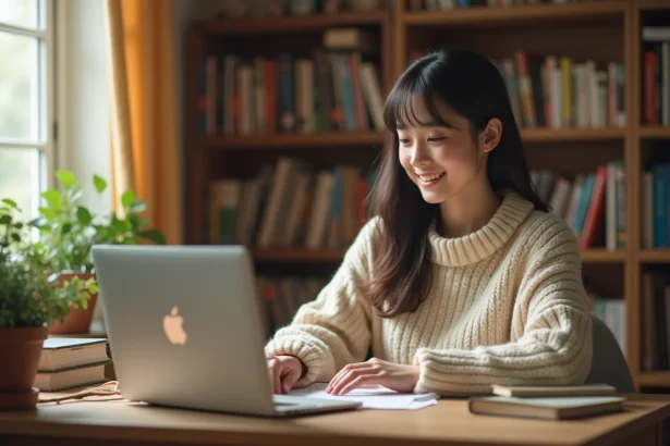 Jeune femme lisant des mangas légalement sur une plateforme officielle depuis son bureau à domicile, entourée de volumes physiques de manga