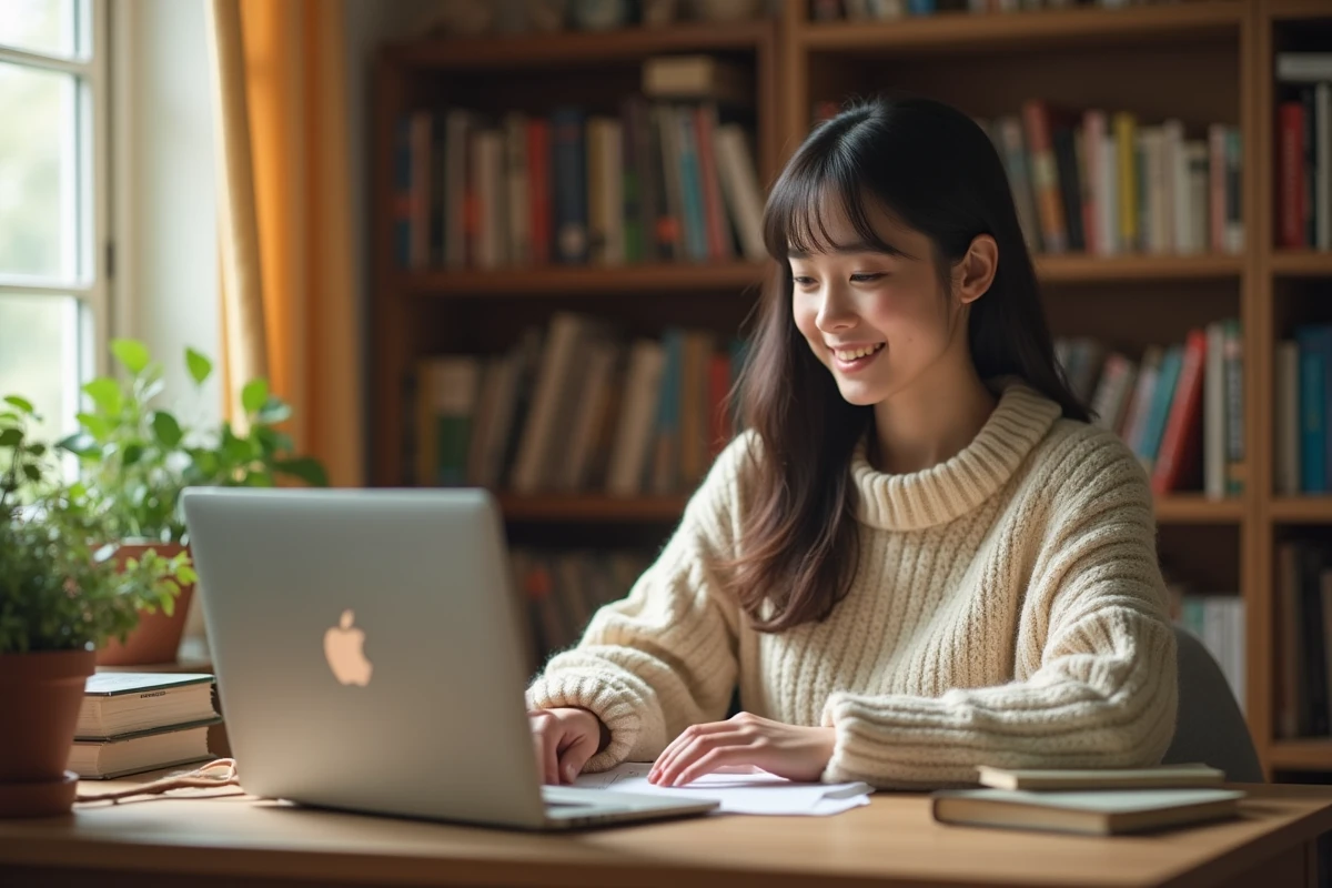 Jeune femme lisant des mangas légalement sur une plateforme officielle depuis son bureau à domicile, entourée de volumes physiques de manga