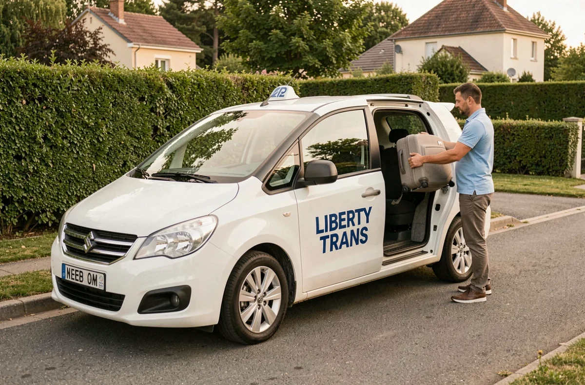 Chauffeur Liberty Trans chargeant des bagages dans un minivan blanc garé dans une zone résidentielle
