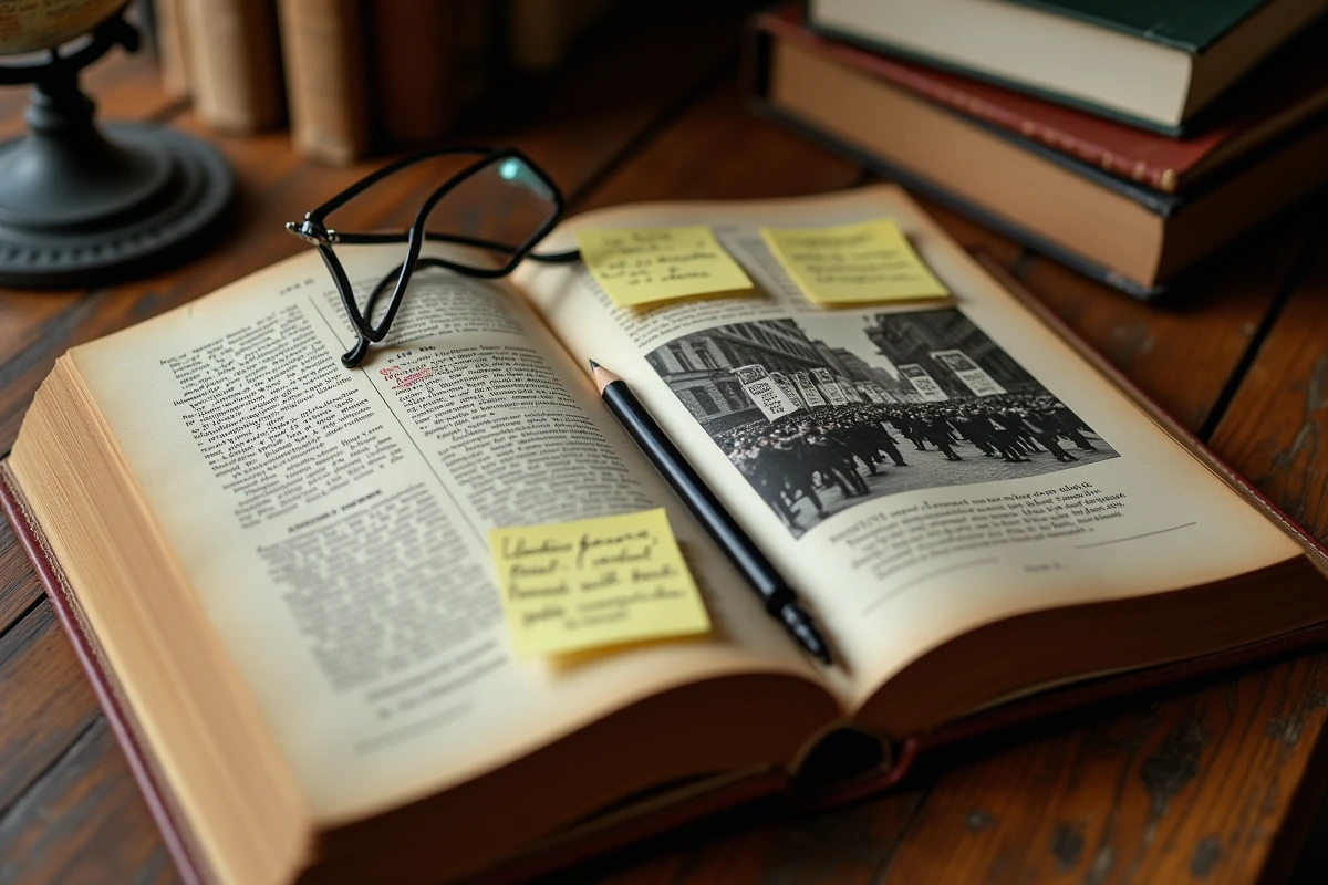 Livre historique ouvert avec annotations sur l'antifascisme et photographie d'archives des années 1930