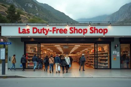 Devanture d'un grand magasin duty-free à La Jonquera près de la frontière franco-espagnole avec des bouteilles d'alcool exposées en vitrine