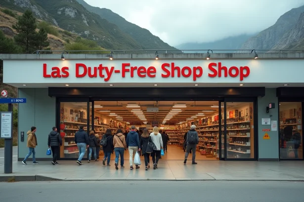 Devanture d'un grand magasin duty-free à La Jonquera près de la frontière franco-espagnole avec des bouteilles d'alcool exposées en vitrine