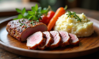 Magret de canard tranché sur assiette en bois rustique