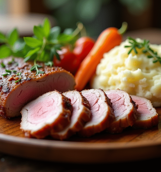 Magret de canard tranché sur assiette en bois rustique