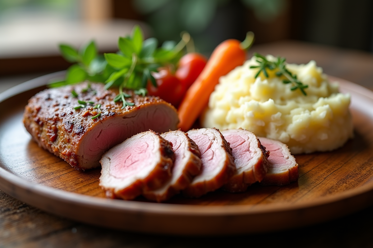Magret de canard tranché sur assiette en bois rustique