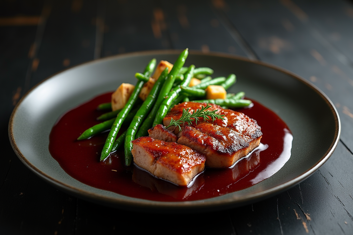 Magret de canard avec sauce au vin rouge et haricots verts