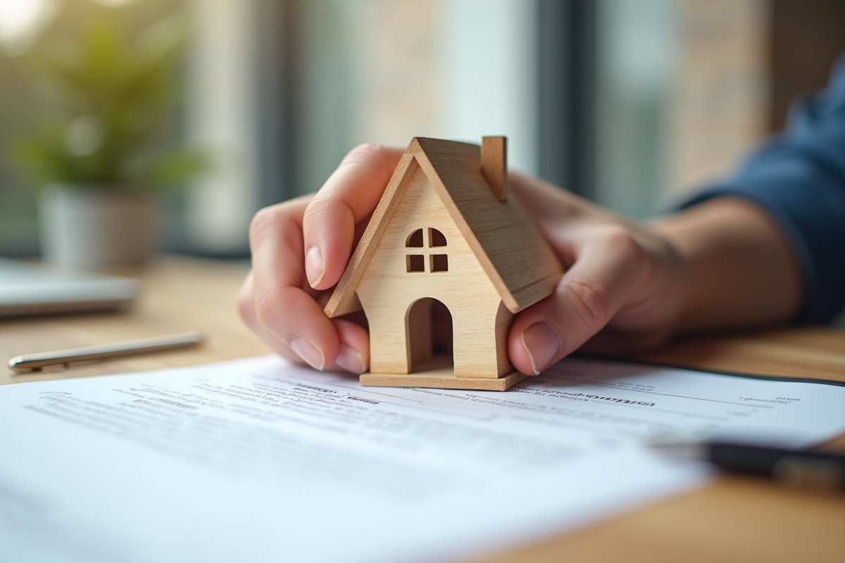 Mains tenant une maison en bois et un contrat de prêt immobilier