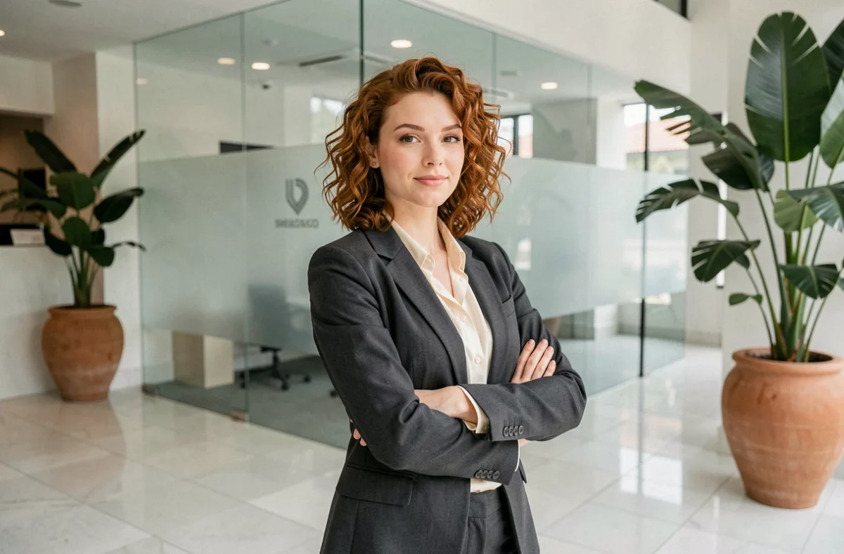 Maître Ophélie Kirsch avocate dans le hall d'un cabinet moderne à Marseille, posture assurée