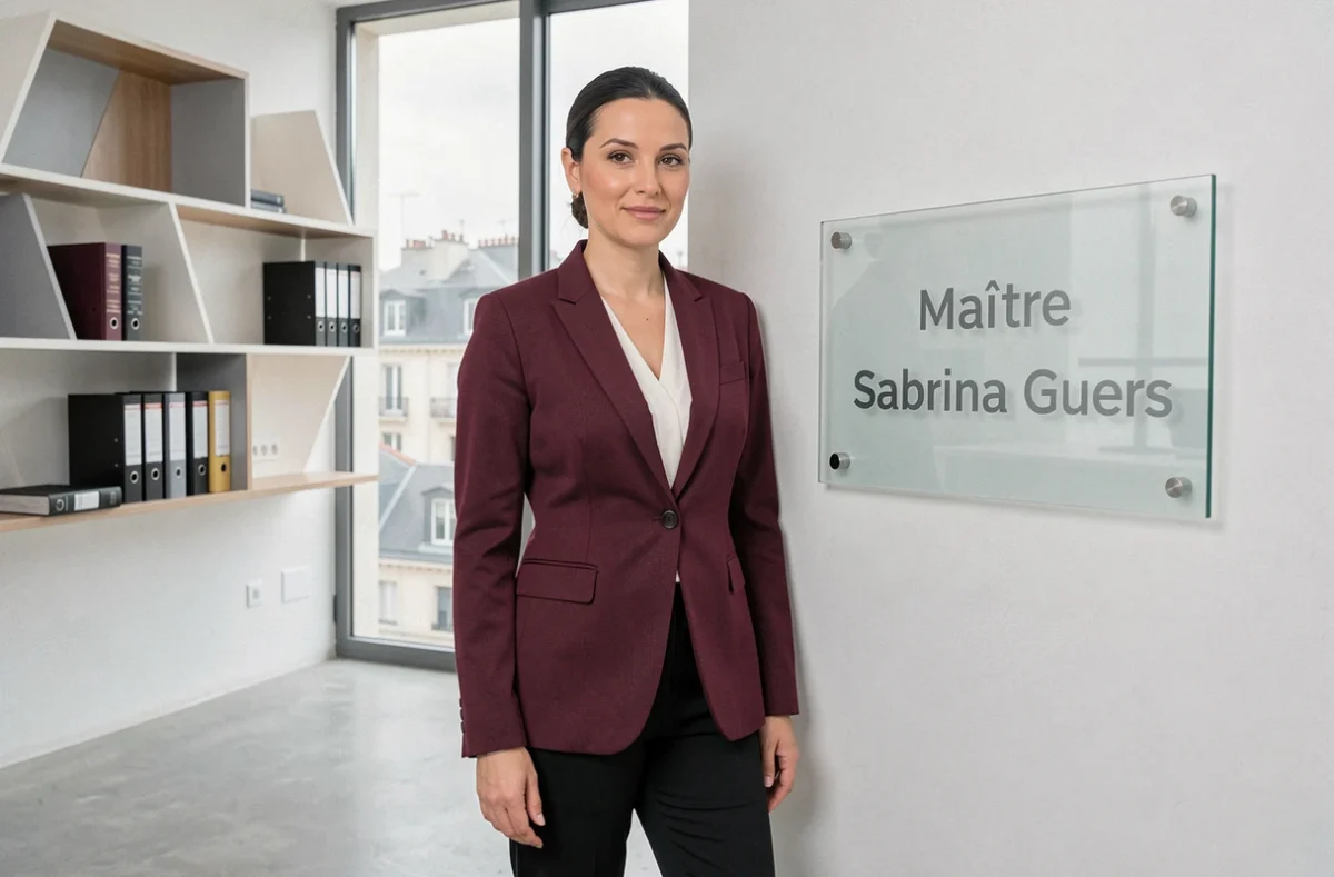 Maître Sabrina Guers avocate à Marseille devant la plaque de son cabinet dans un bureau moderne