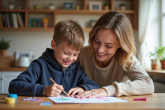 Maman et son fils créant un projet artistique à la maison