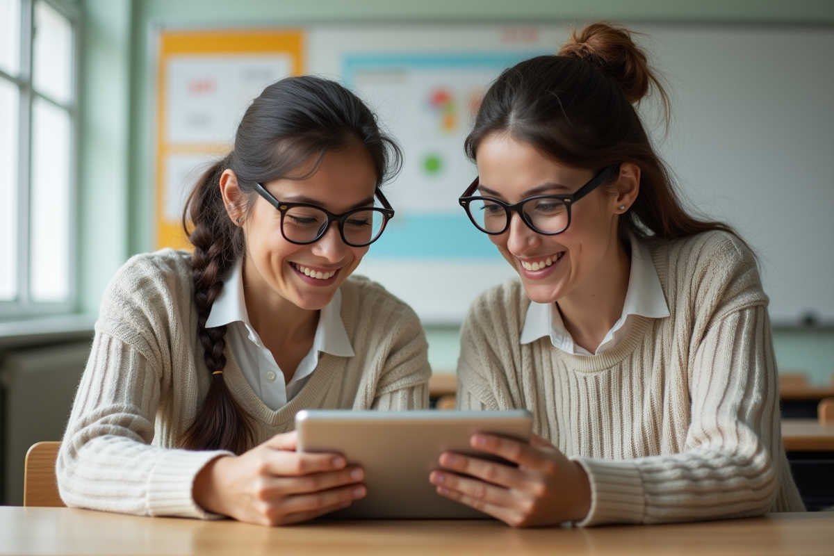 Mère et fille collaborant sur une tablette dans une classe lumineuse