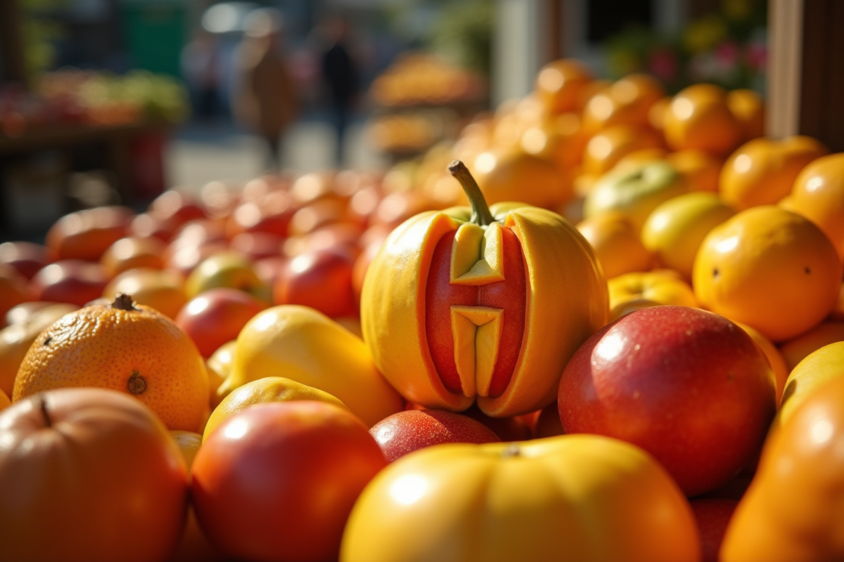 Stand de marché avec fruits saisonniers et fruit en H