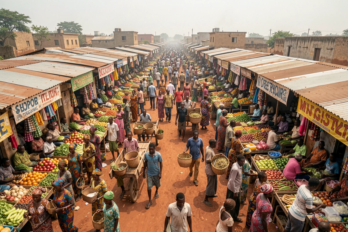 Marché populaire animé en Afrique subsaharienne illustrant la croissance démographique rapide du continent africain