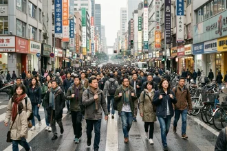 Foule dense traversant une grande intersection urbaine en Asie, illustrant la densité de population des mégapoles mondiales