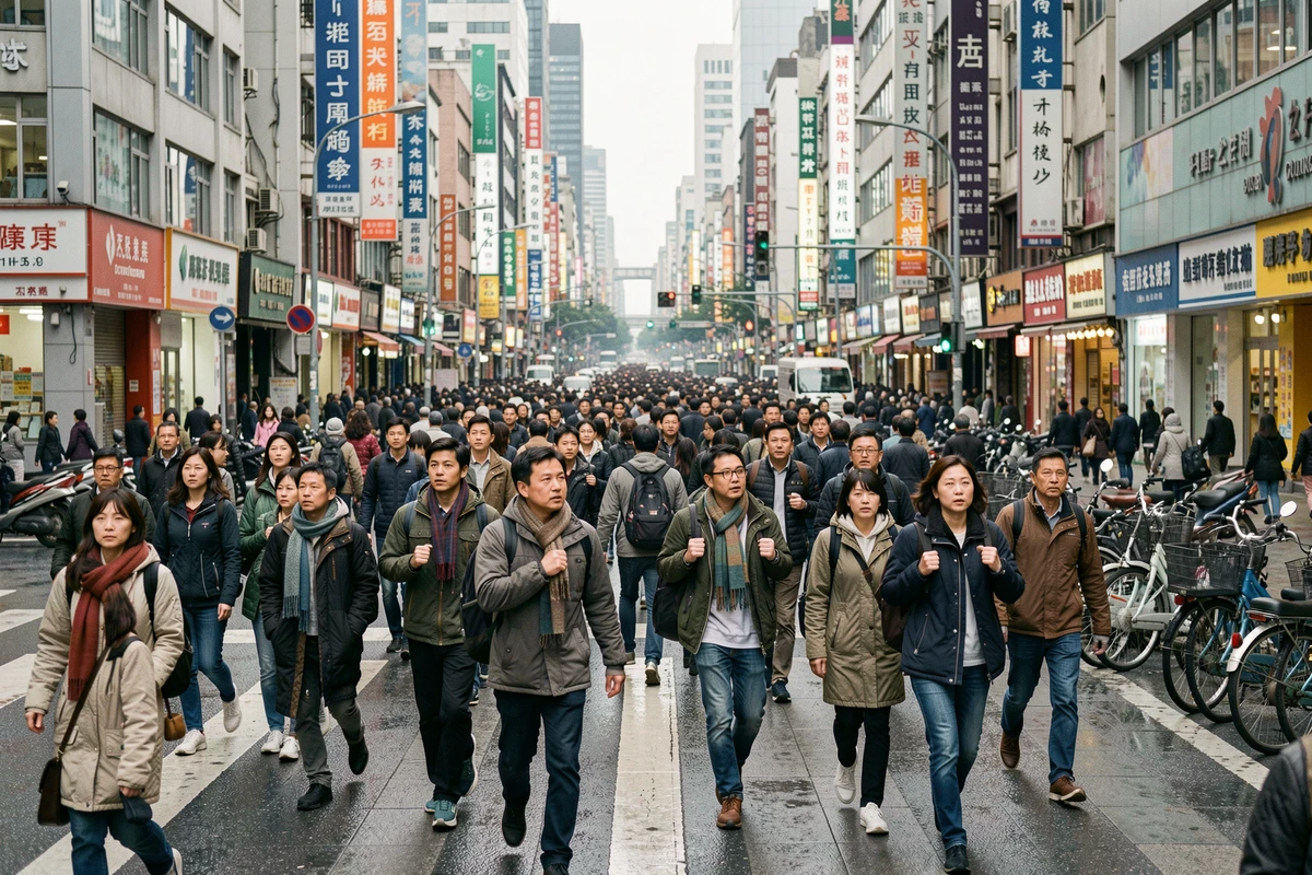 Foule dense traversant une grande intersection urbaine en Asie, illustrant la densité de population des mégapoles mondiales