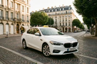 Un taxi moderne attendant sur une place de ville dans les Yvelines, avec des bâtiments typiques en arrière-plan