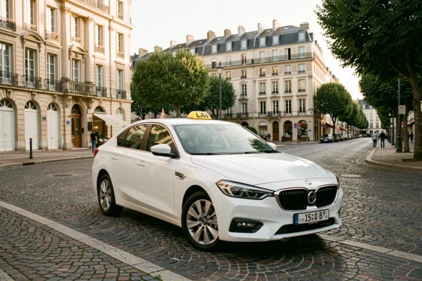 Un taxi moderne attendant sur une place de ville dans les Yvelines, avec des bâtiments typiques en arrière-plan
